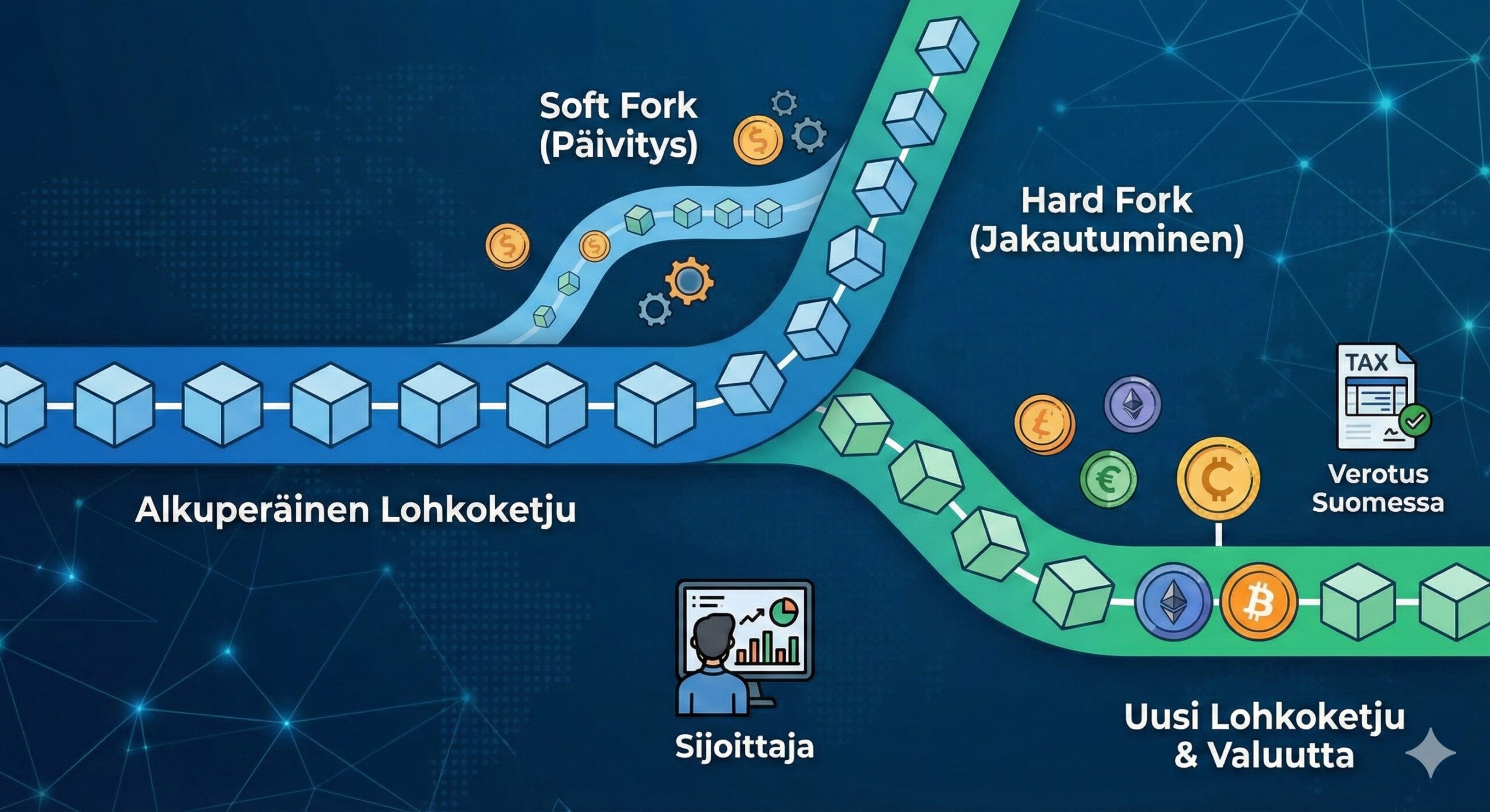 Kryptovaluuttojen haarautuminen: Opas sijoittajalle Soft Forkin ja Hard Forkin eroista sekä verotuksesta