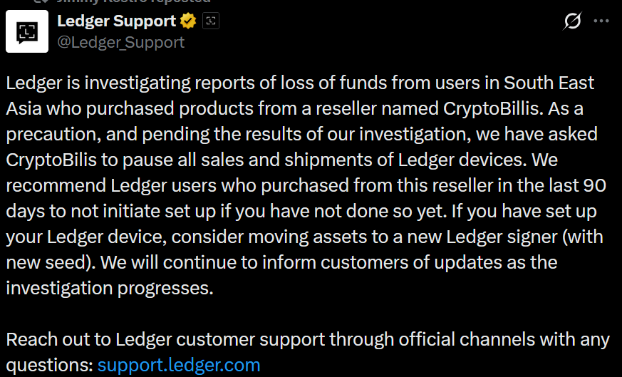 Kuvakaappaus Ledger Supportin X-julkaisusta