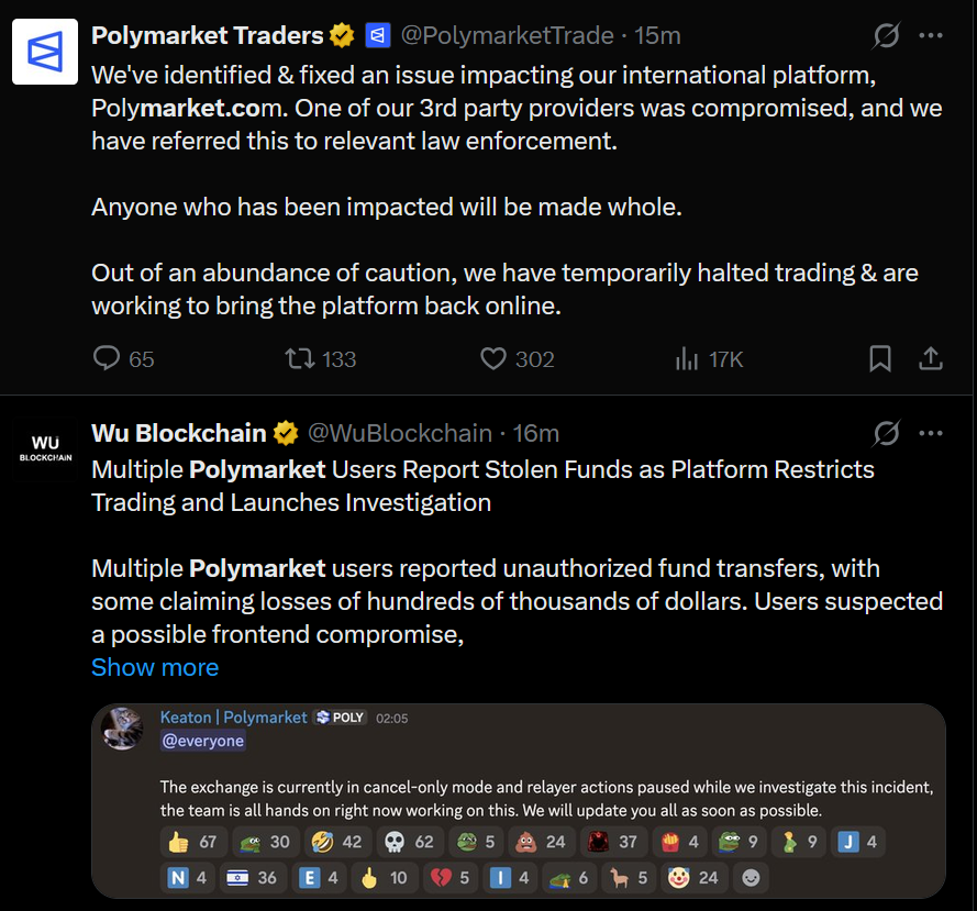 Kuvakaappaus Polymarket Traders -tilin X-julkaisusta, Wu Blockchainin raportista ja Polymarketin Discord-viestistä.