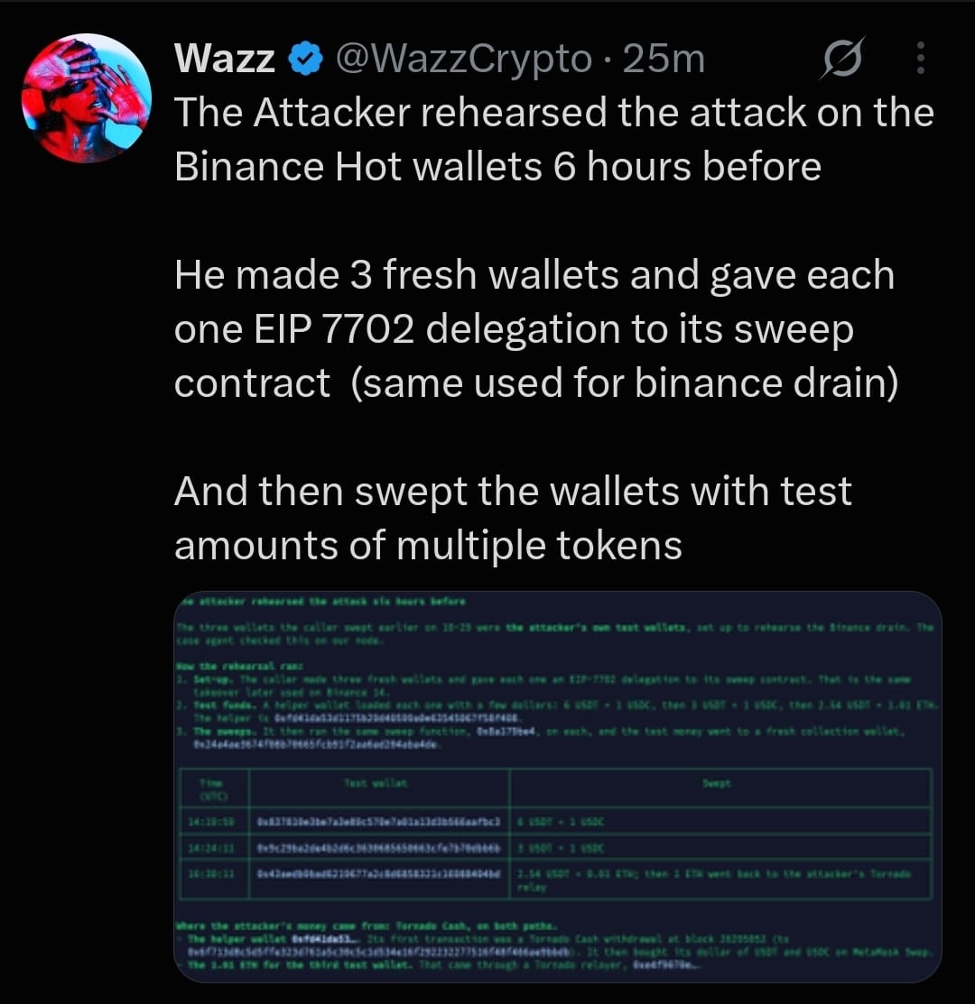 Kuvakaappaus Wazzin X-julkaisusta: hyökkääjä harjoitteli Binance-lompakoiden tyhjentämistä kuusi tuntia aiemmin.