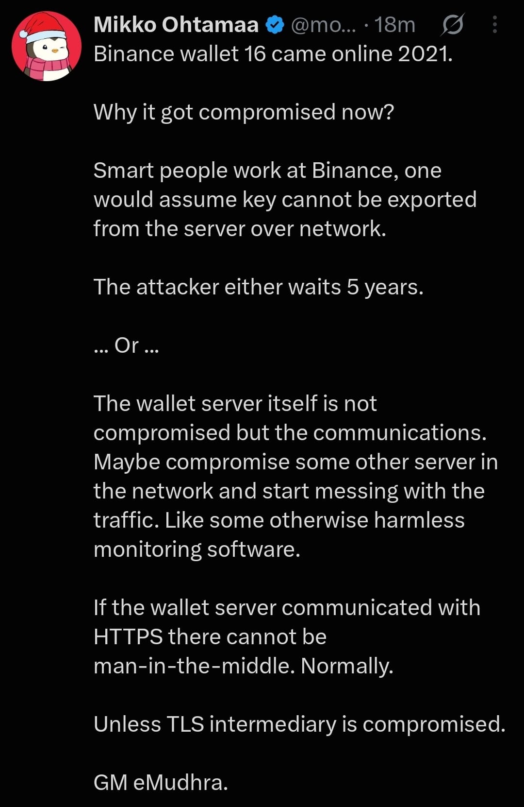 Kuvakaappaus Mikko Ohtamaan X-julkaisusta: Binance wallet 16 on ollut käytössä vuodesta 2021.