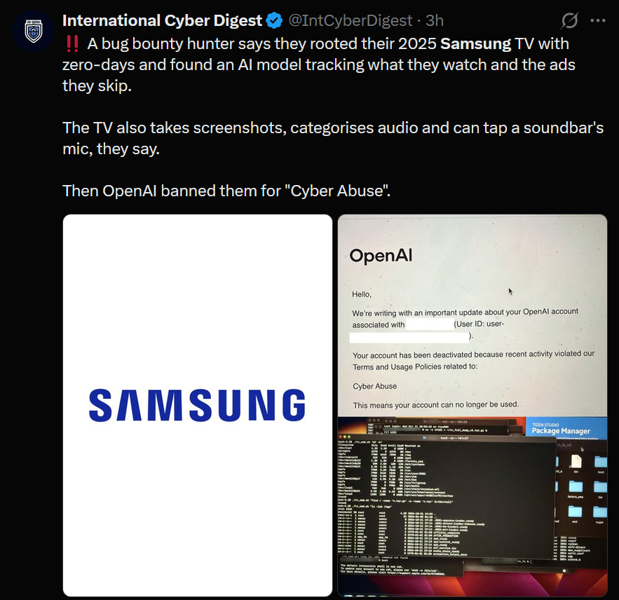 Kuvakaappaus International Cyber Digest -tilin X-julkaisusta, joka tiivistää Samsung-tapauksen ja OpenAI:n tilin sulun.