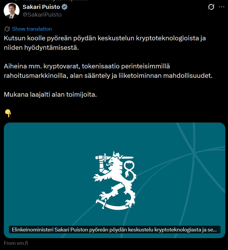 Kuvakaappaus Sakari Puiston X-julkaisusta, jossa hän kutsuu koolle kryptoteknologian pyöreän pöydän keskustelun.