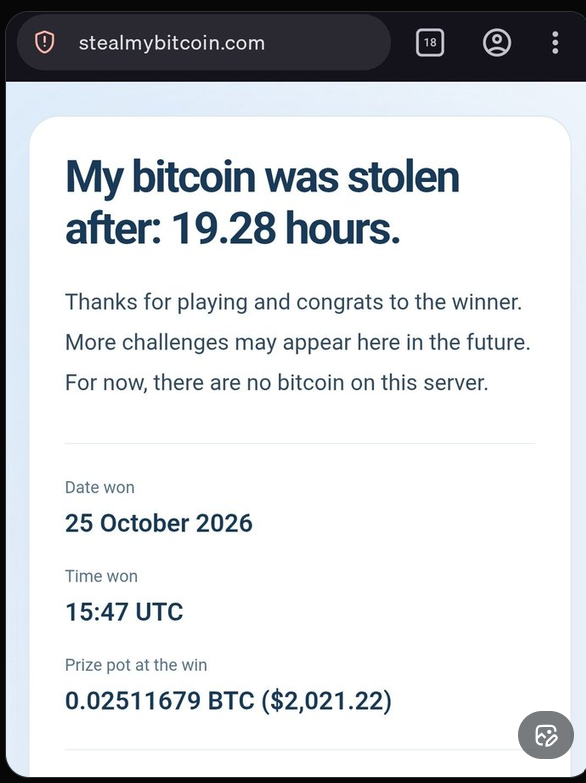 Kuvakaappaus stealmybitcoin.com-sivuston päätössivulta: haaste voitettiin 25. lokakuuta 2026 kello 15.47 UTC, ja palkintopotti oli 0,02511679 BTC.