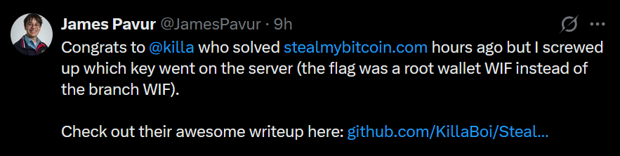Kuvakaappaus James Pavurin X-julkaisusta, jossa hän onnittelee @killa-tunnusta stealmybitcoin.com-haasteen ratkaisemisesta ja kertoo laittaneensa palvelimelle väärän avaimen.